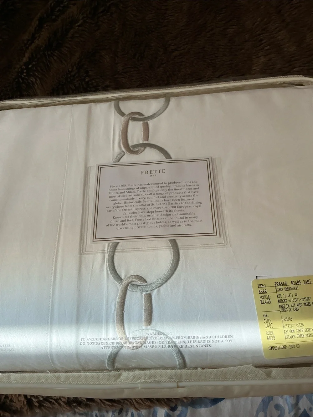 NEW FRETTE QUEEN SHEET SET LINKS EMBROIDERY celadon green and savage beigeladon